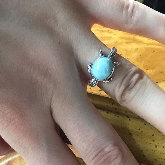Natural Larimar Sterling Silver Turtle Ring Size 7 - Picture 3 of 8